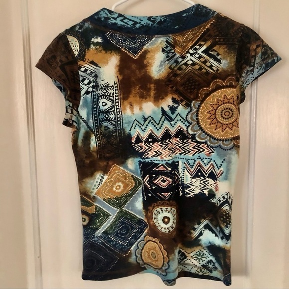 Forbidden Tee brown blue Princess shoulder cap sleeve sparkles beads size Large - Picture 8 of 11